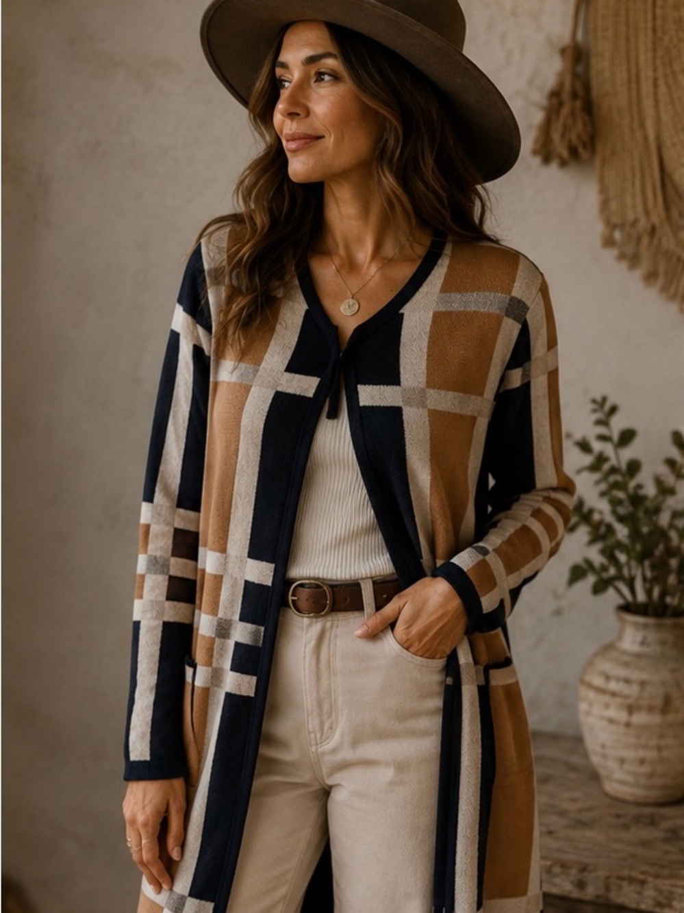 Ellen Tracy Merino Wool Blend Camel, Navy Cream Plaid Open-Front Cardigan Size M